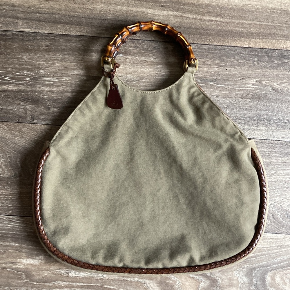 Gucci Green Canvas Bamboo Handle Tote Pristine